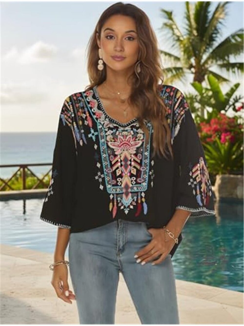 Women's Mexican Embroidered Shirt Bohemian 3/4 Sleeve Tunic Top - Picture 3 of 7